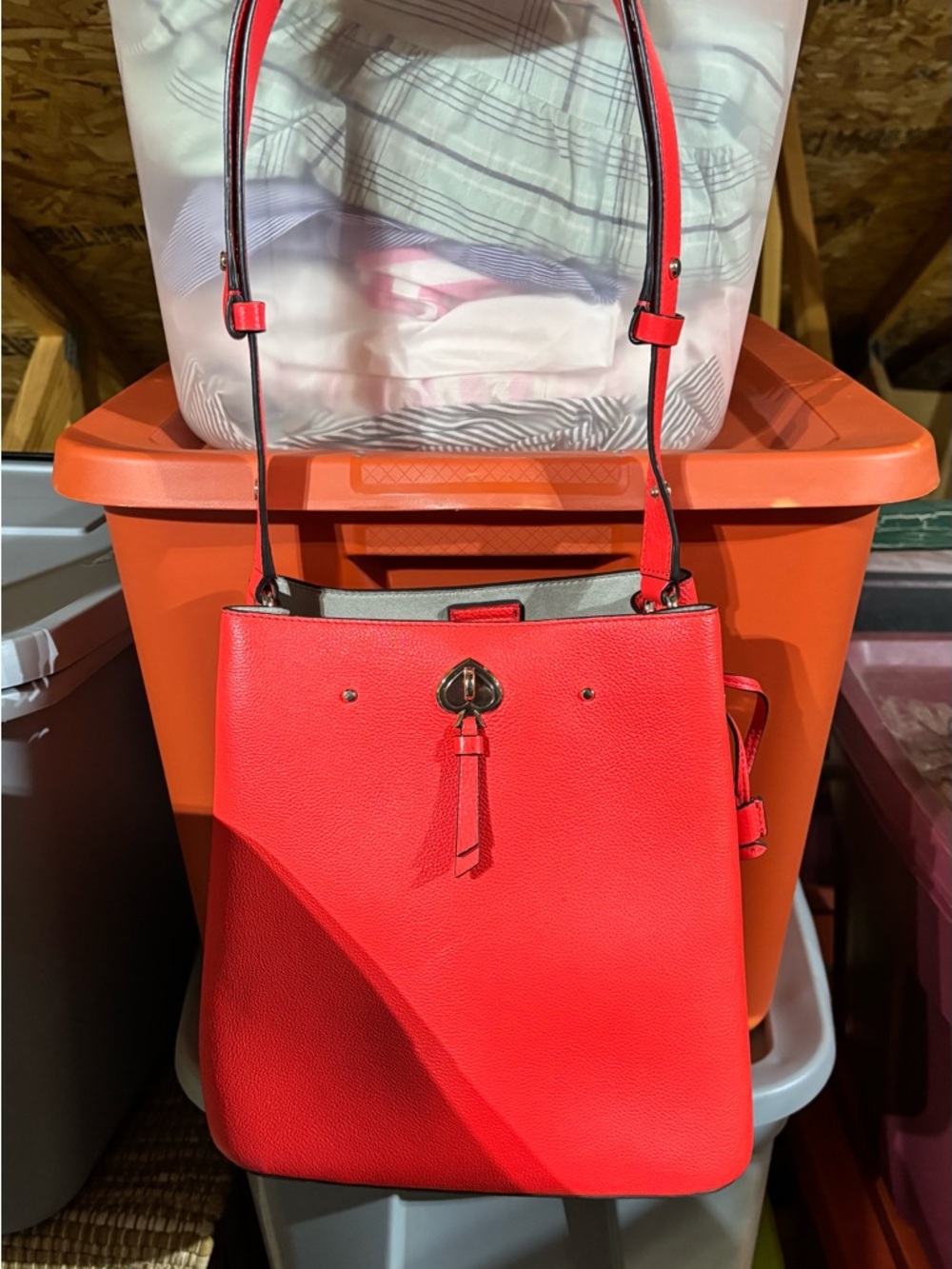kate spade Red Leather Shoulder Bucket Bag with Tassel Turn-Lock